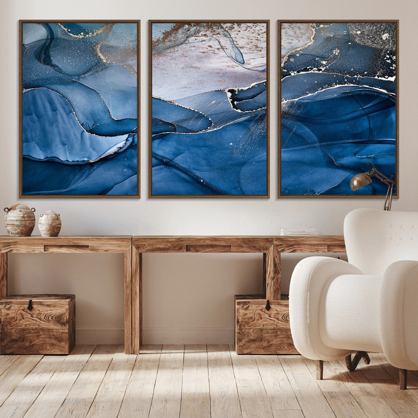 27810-MGV-CV-36X24-Navy Blue Canvas Art Abstract Print – Elegant Triptych Modern Art Print – Contemporary Decor for Living Room or Office