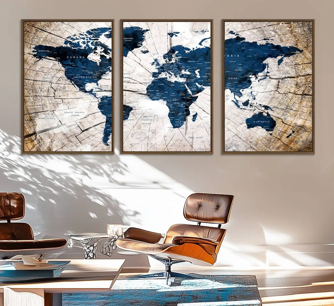 The living room exudes style with the Blue World Map Canvas Wall Art, a rustic-style triptych that's prominently displayed on the wall. This global decor piece adds an elegant touch to the space.