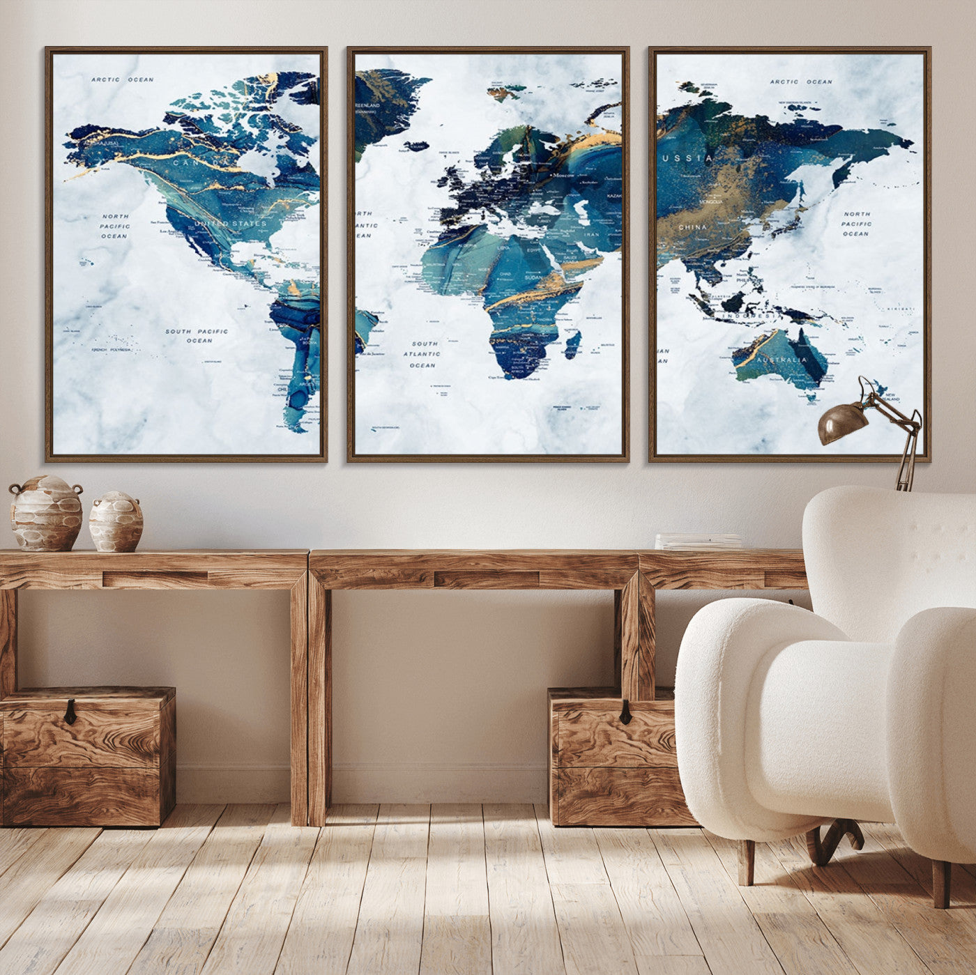53819-MGV-FC-60X30-3P_Walnut-Push Pin World Map Canvas Print – Framed Travel Map Wall Art for Couples, Anniversary Gift, Modern Home or Office Decor