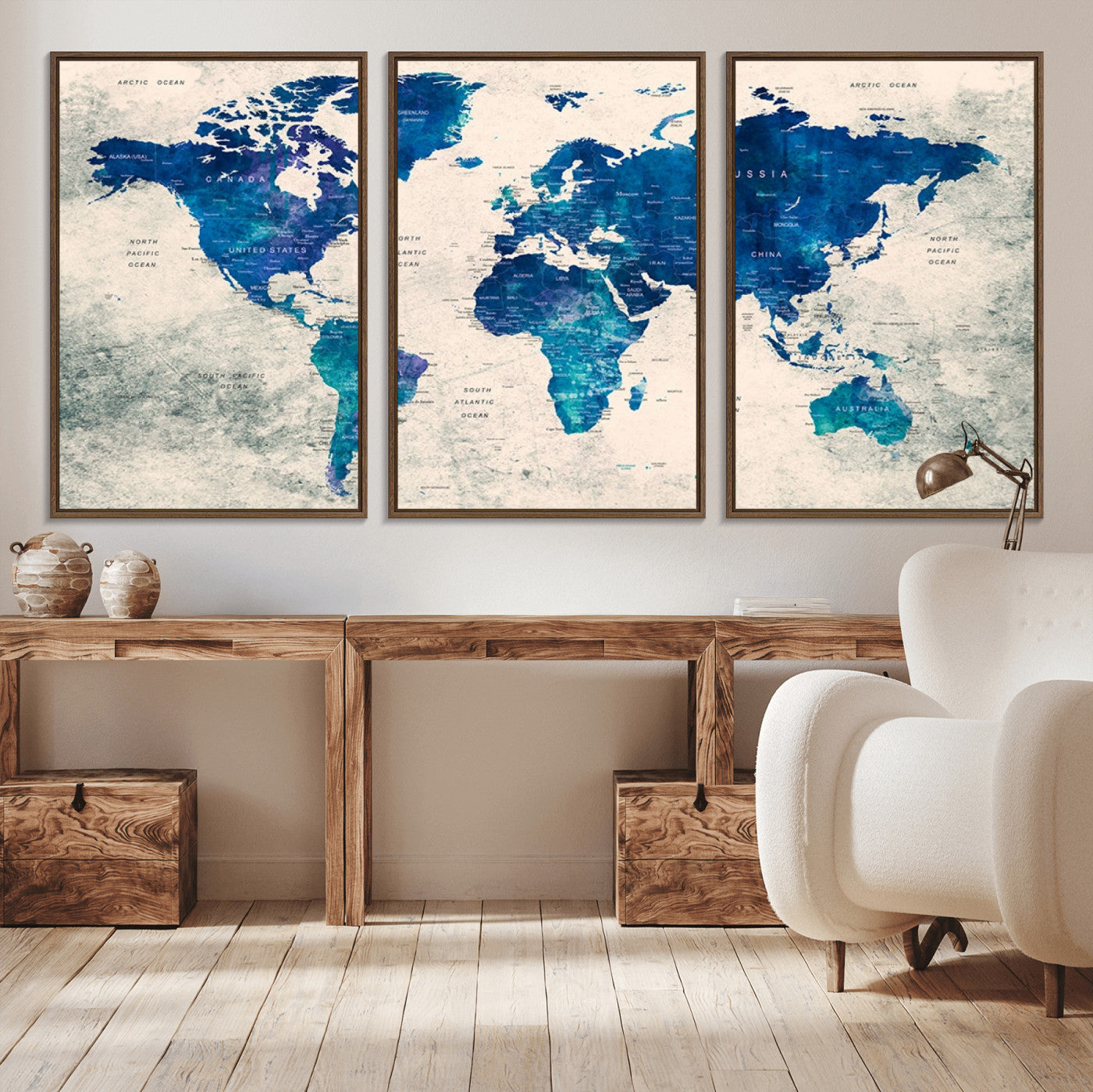 43947-MGV-CV-36X24-Blue Watercolor World Map Canvas Print – Framed Modern Wall Art, Elegant Push Pin Travel Map Decor for Home Office or Living Room