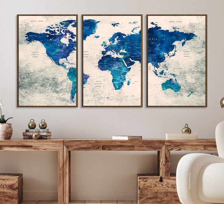 Navy Blue Push Pin World Map Canvas Print featuring a grunge-stained background, with labeled countries and oceans.