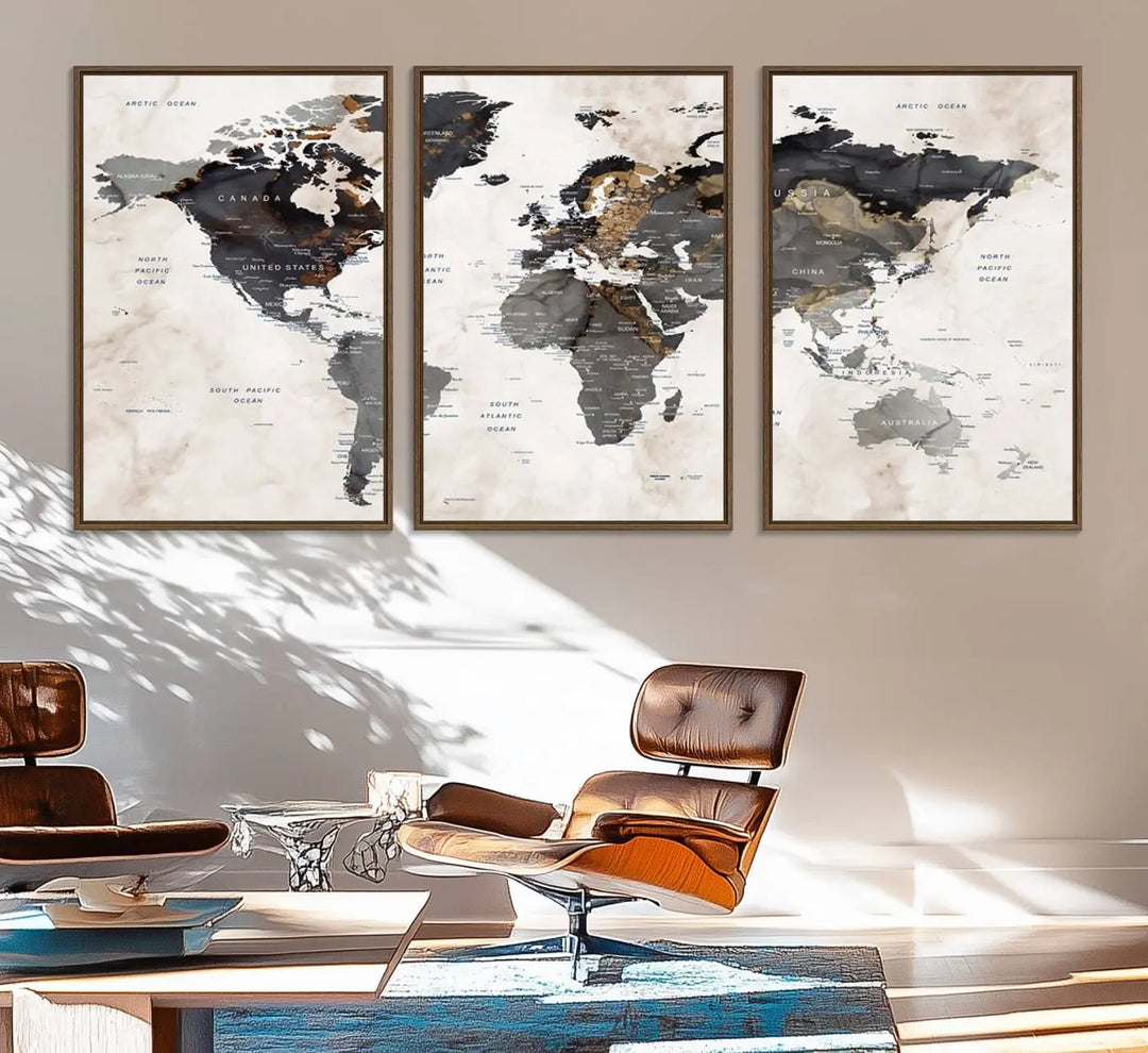 The dining room wall is adorned with the World Map Canvas Print – Earthy Triptych Wall Art, a vintage global map decor featuring dark continents.