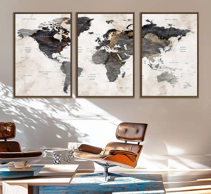 The dining room wall is adorned with the World Map Canvas Print – Earthy Triptych Wall Art, a vintage global map decor featuring dark continents.