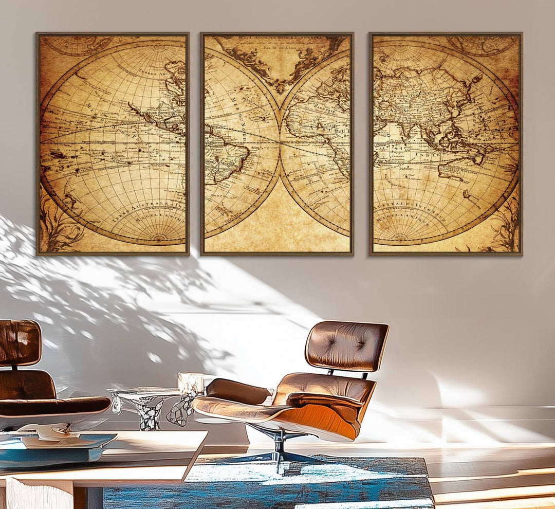 The 3-panel vintage world map canvas print hangs prominently.