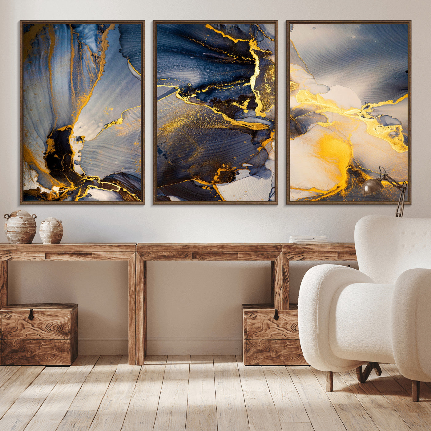 42100-MGV-CV-36X24-Large Abstract Wall Art Print - Gold and Blue Abstract Canvas Wall Art | Fluid Ink Modern Luxury