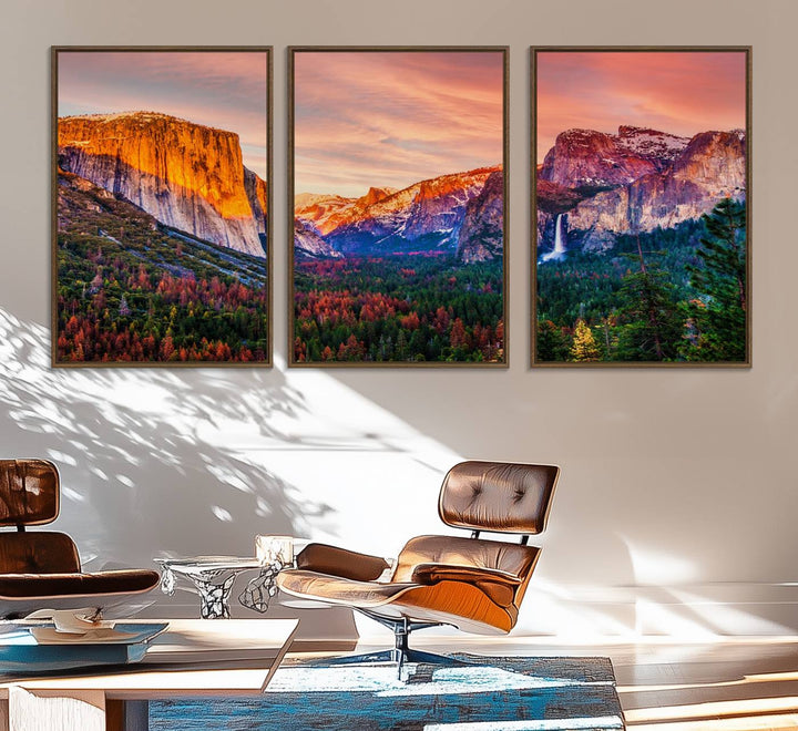 An El Capitan Yosemite Canvas showcasing a sunset over a mountain valley.