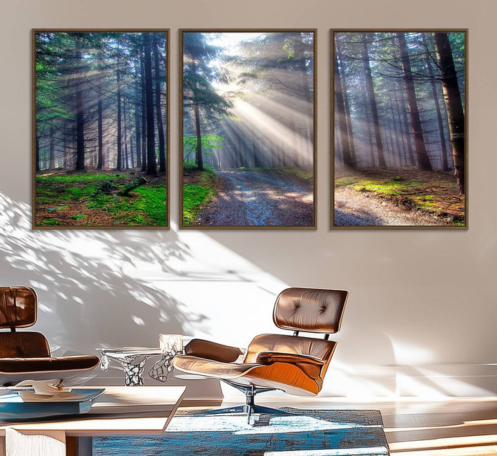 The dining area features a 3-panel Forest Path Canvas showcasing sun rays filtering through a misty forest.