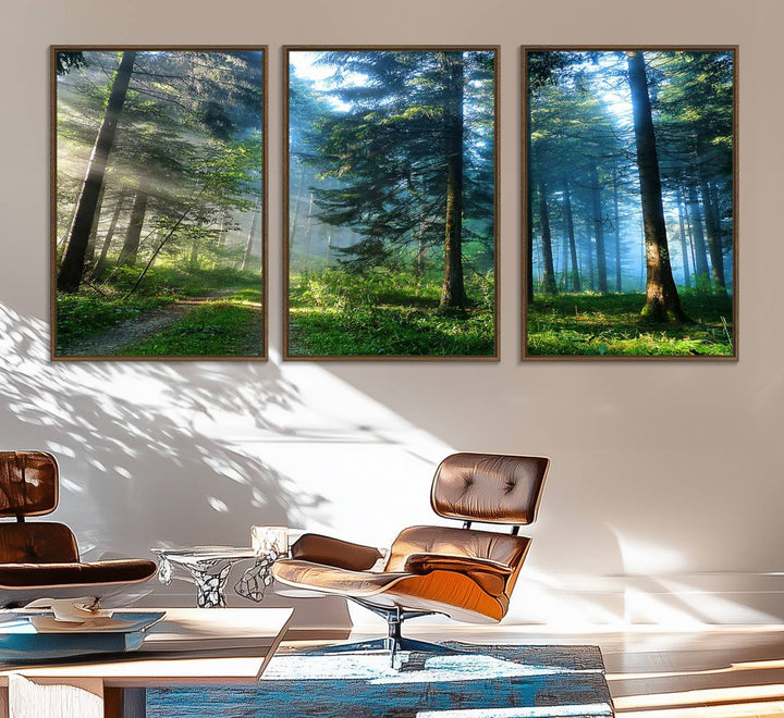 Enhancing the space is the Forest Sun Shine wall art canvas print, showcasing a serene forest scene.