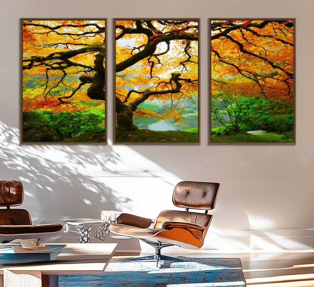 The Portland Japanese Maple Tree Canvas adds elegance to a modern living room.