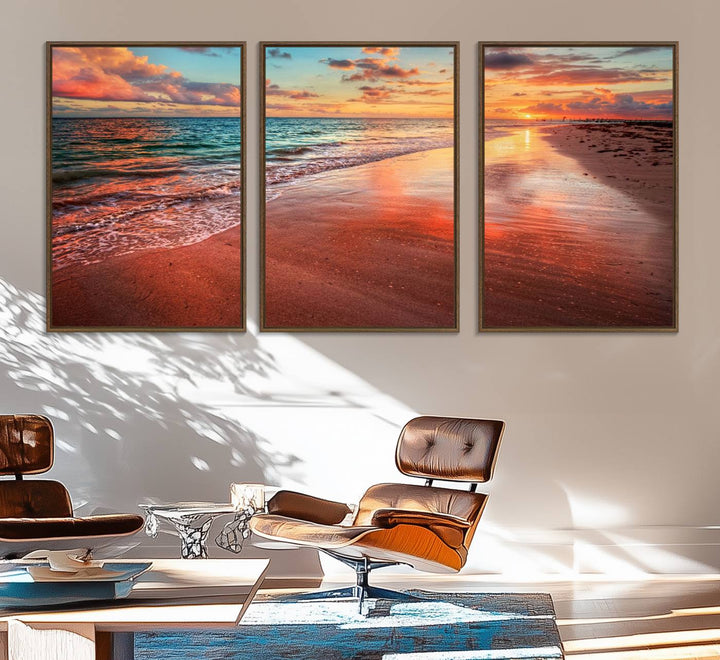 A Vibrant Sunset Beach Canvas Print with ocean waves and sandy shoreline enhances coastal-themed interiors.