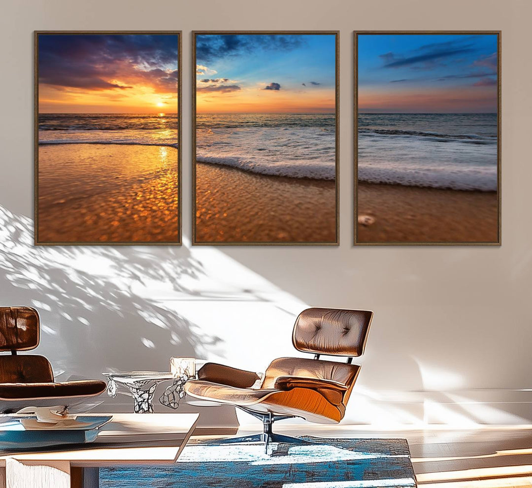 The Golden Sunset Beach Waves Triptych adds a modern coastal touch with its stunning seascape.