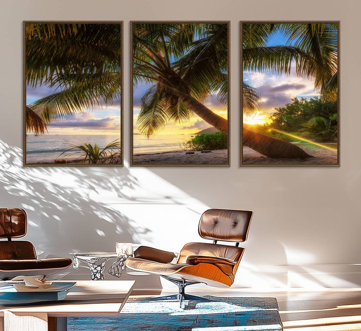 A Coastal Sunset Palm Tree canvas print hangs prominently.