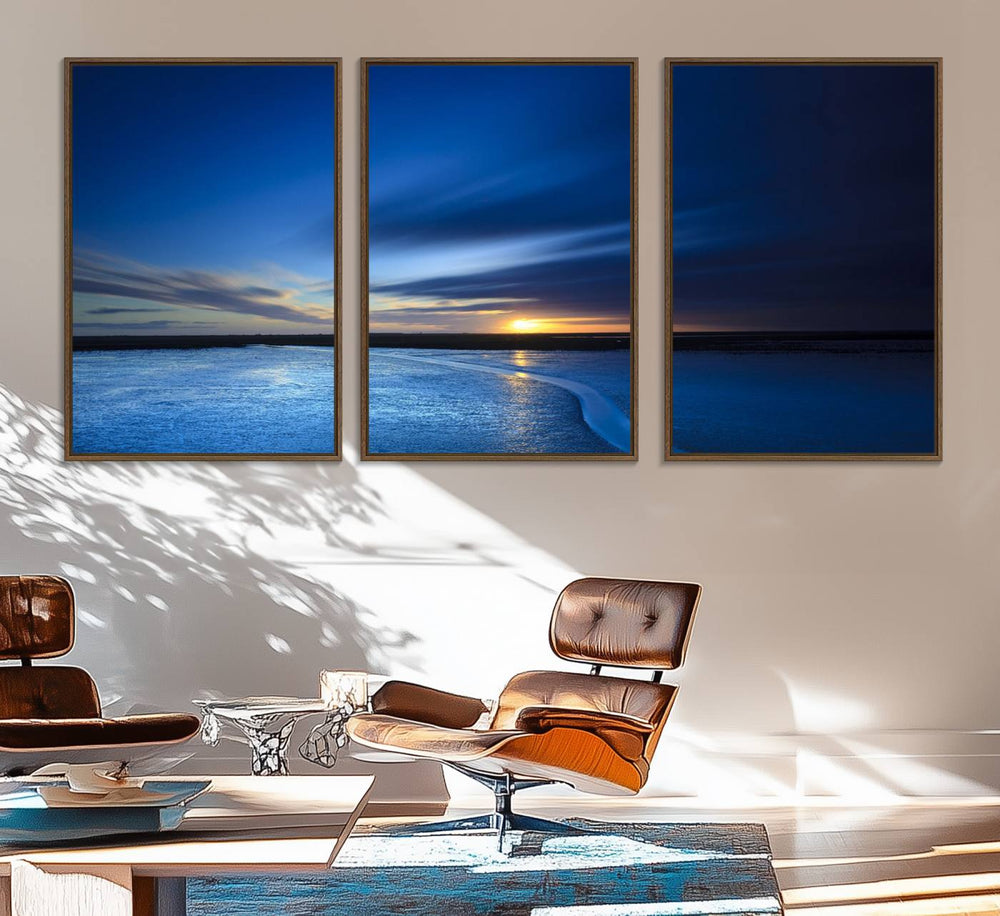 Modern decor: Deep Blue Ocean Sunset Triptych for a serene coastal vibe.