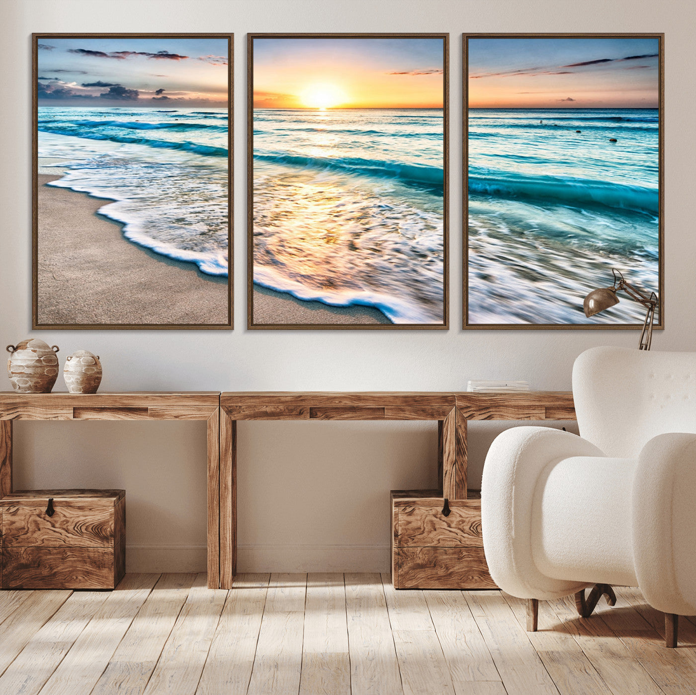 27815-MGV-CV-36X24-Sunset Beach Waves Canvas Wall Art – 5-Panel Ocean Sunset Print – Coastal Decor for Living Room or