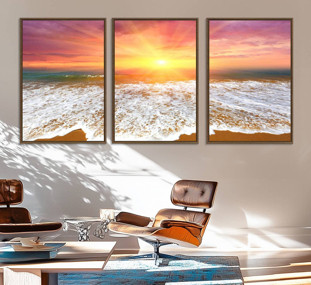 Golden Beach Sunrise 3-panel canvas art of ocean waves, hung on a wooden wall.