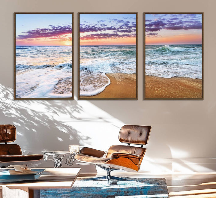 The Vivid Sunset Ocean Waves Triptych hangs on a wooden wall.