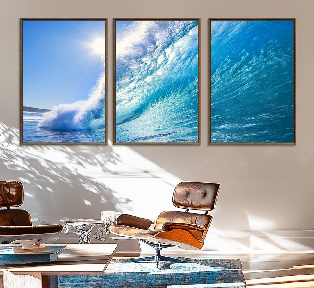 The Blue Big Wave Surfing Ocean Canvas adds a coastal vibe to a wooden wall.