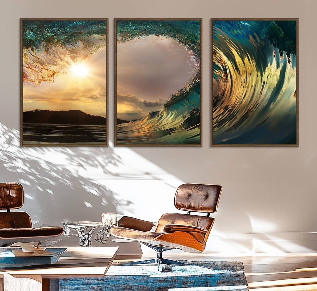 A Golden Wave Sunset Giclee hangs above, showcasing colorful ocean wave art.