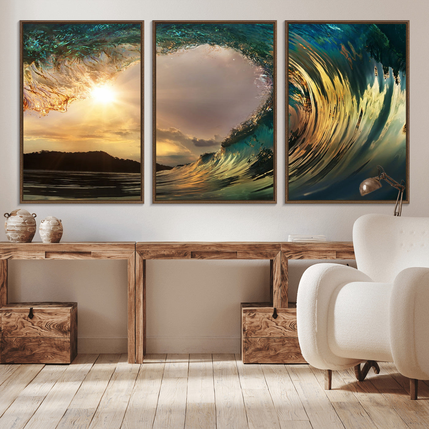 MGV-FC-60X30-3P - Golden Wave Sunset Giclee Canvas Print – Large Coastal Wall Art for Nature Lovers, Captivating Ocean Wave Decor