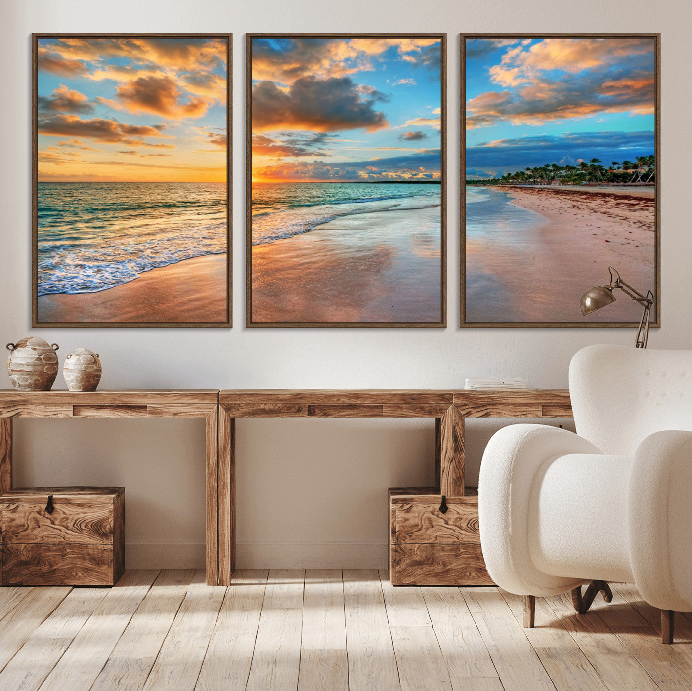 41572-MGV-CV-36X24-Sunset Beach Canvas Wall Art – Tropical Triptych Seascape Print – Coastal Ocean Decor for Living