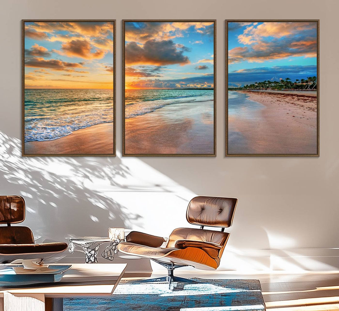 A wall displays Sunset Ocean Waves on Tropical Beach 3-panel canvas art.