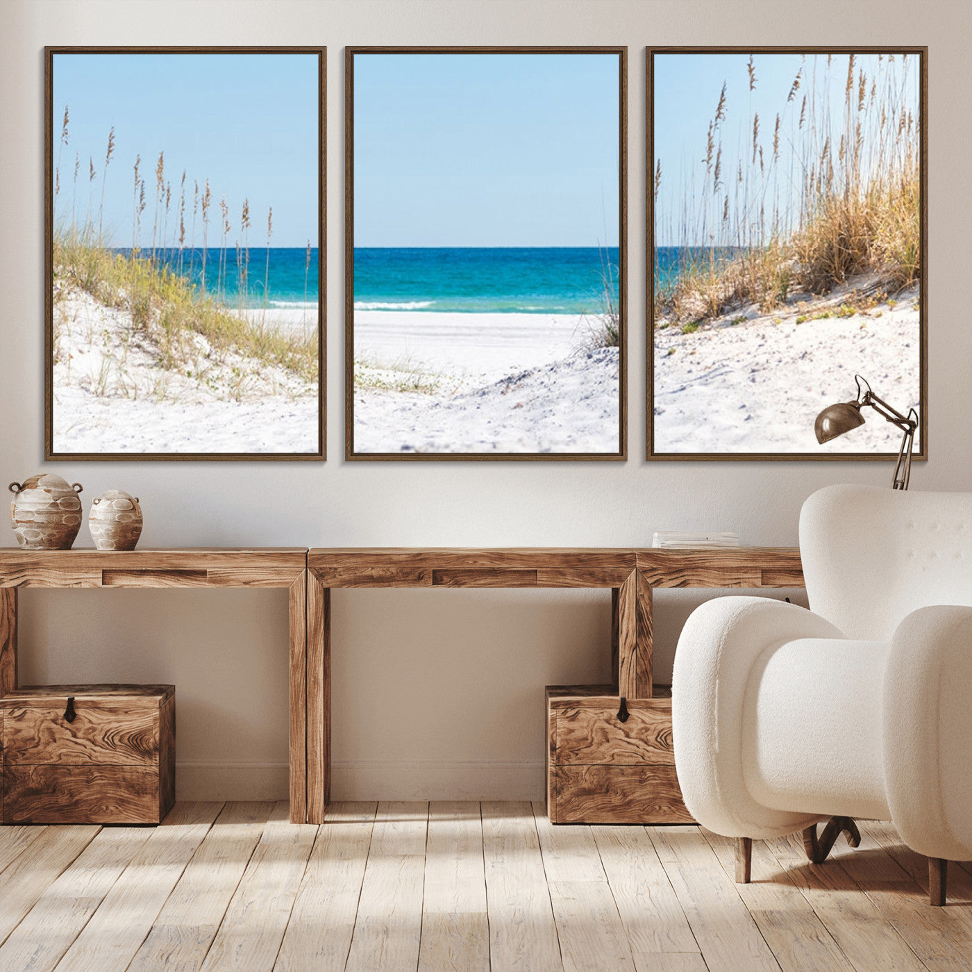 58498-MGV-CV-36X24-Serene Coastal Dune Path with Ocean View, 3-Panel Beach Canvas Wall Art, Tranquil Seascape Giclee