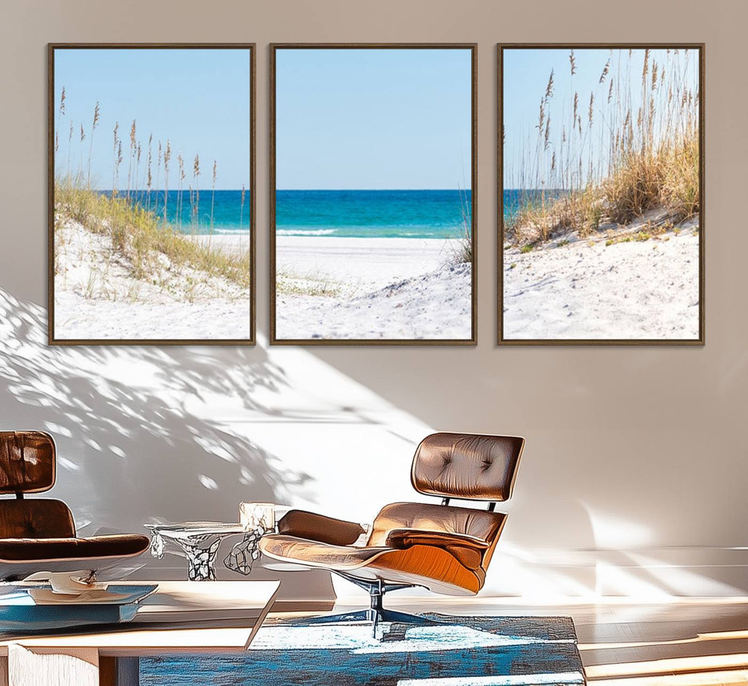 Serene Coastal Dune Path with Ocean View, 3-Panel Beach Canvas Art; tranquil seascape for coastal decor.