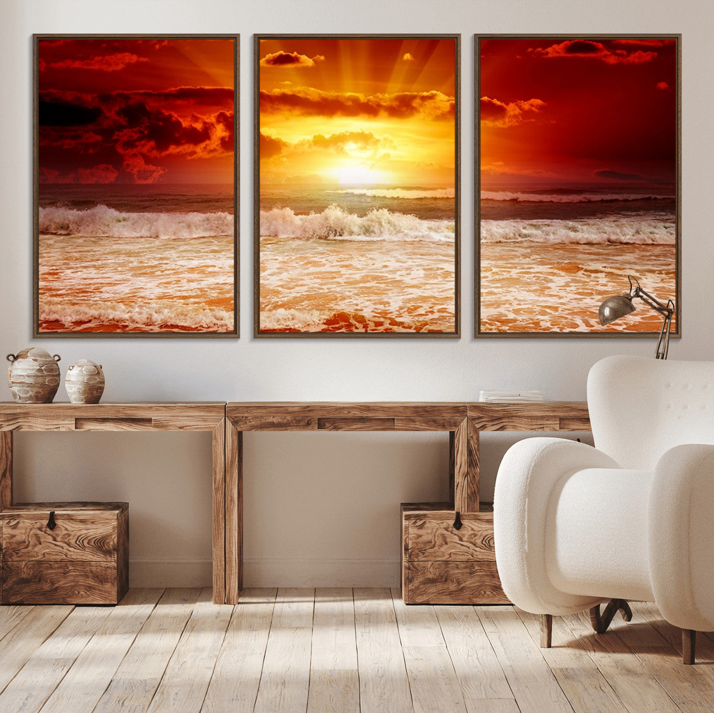 MGV-FC-60X30-3P - Red Sunset Ocean Beach Canvas Wall Art Beach Canvas, Coastal Sunset Print