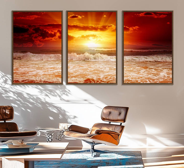 The Red Sunset Ocean Beach Canvas depicts ocean waves.