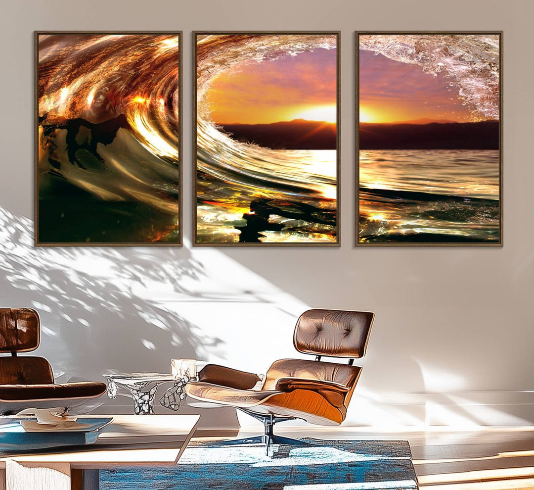 The Golden Wave Sunset Triptych Canvas Art showcases an ocean wave at sunset, casting warm light.