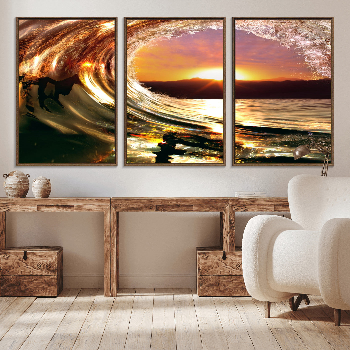 MGV-FC-60X30-3P - Golden Wave Sunset Triptych Canvas Art, Giclee Canvas Print of Ocean Wave and Sunset, Framed Ocean
