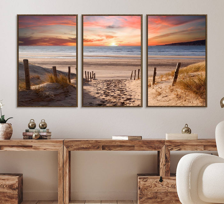 The Sunset on the Sea Wall Art Canvas Print beautifully captures a beach sunset and waves, enhanced with a UV-protective coating.