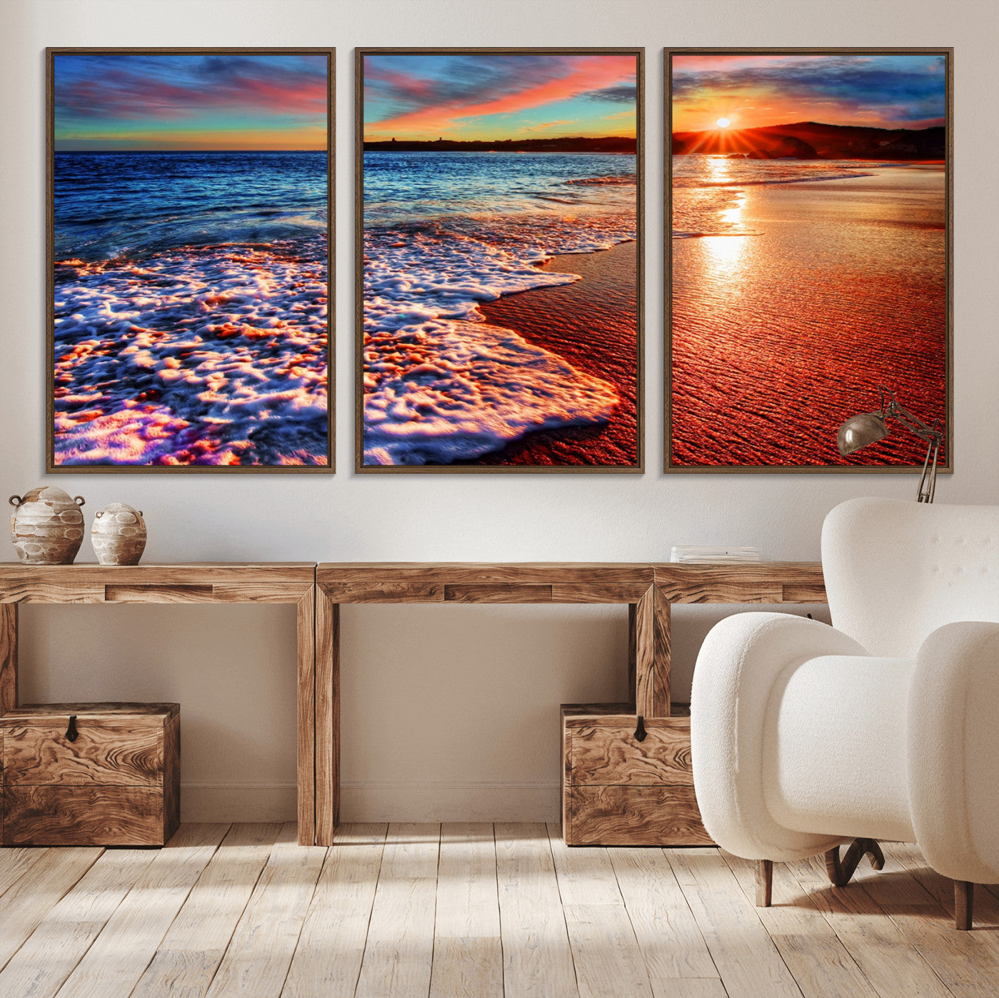 MGV-FC-60X30-3P - Colorful Coastal Sunset on the Beach Canvas Print, Ocean Waves Crashing at Dusk, Multi-Panel Seascape Vibrant Coastal Wall Art Canvas Print