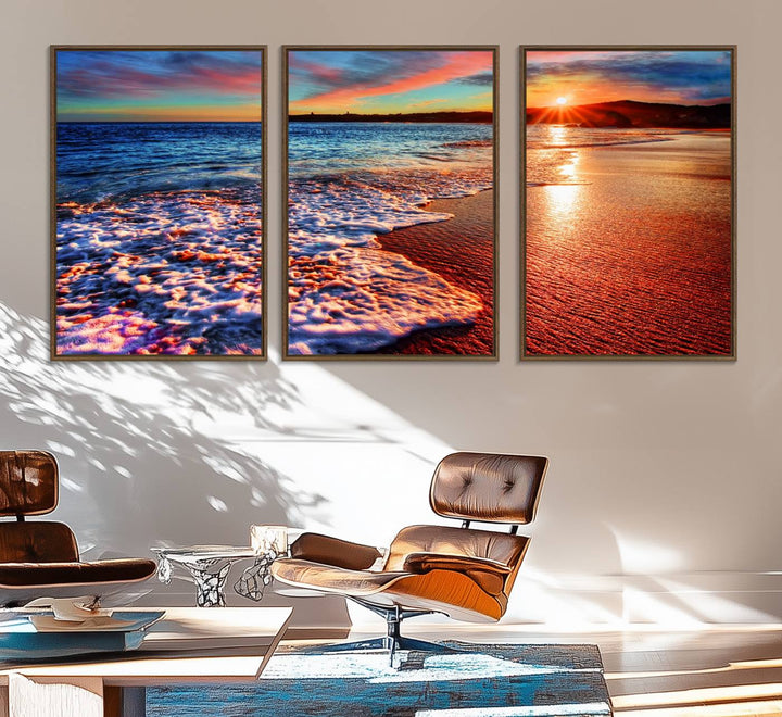 The Colorful Coastal Sunset on the Beach canvas print portrays ocean waves at dusk.