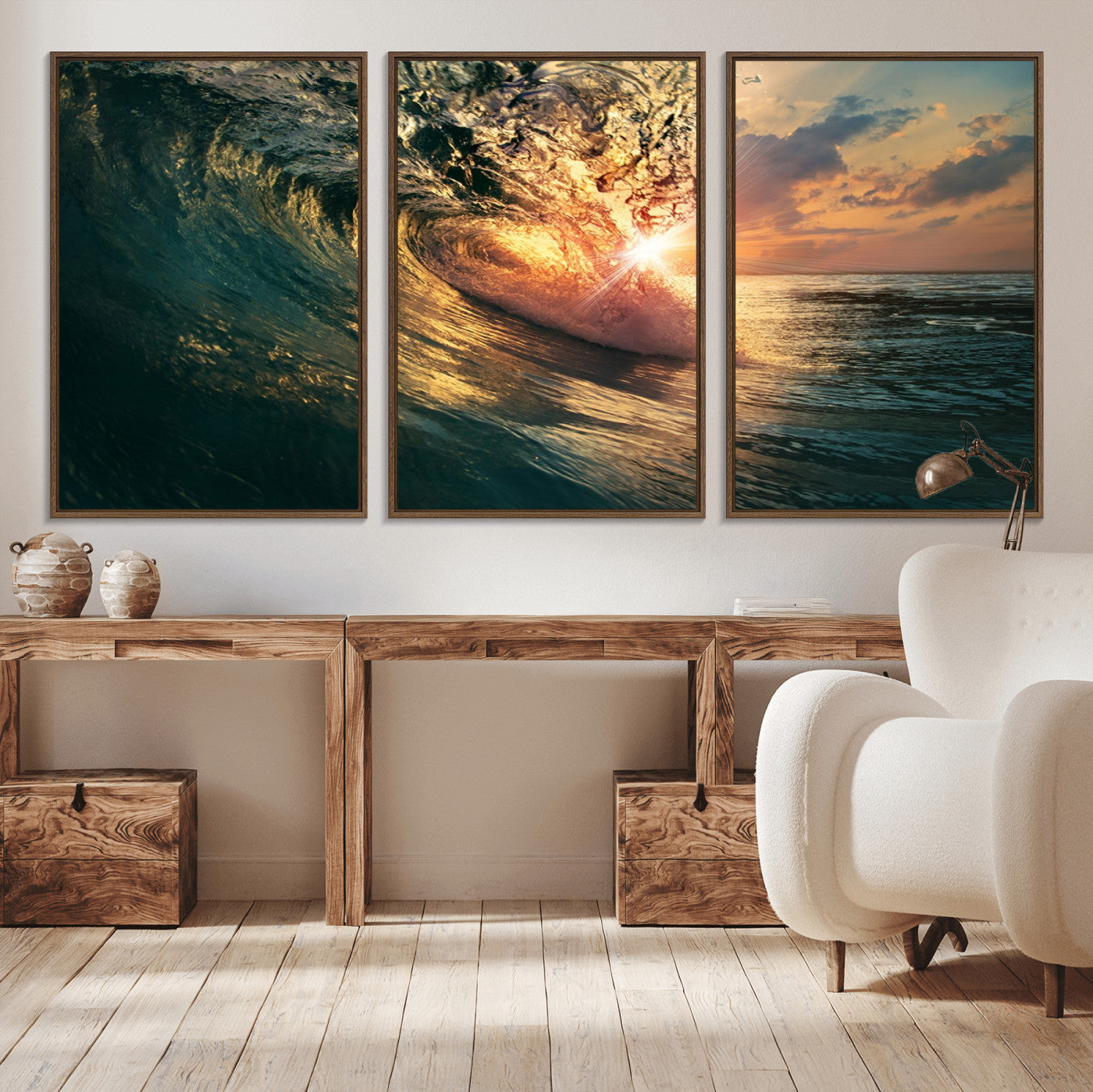 MGV-FC-60X30-3P - Ocean Wave Sunset Canvas Wall Art – Triptych Seascape Print – Framed and Ready to Hang for Living Room or Office