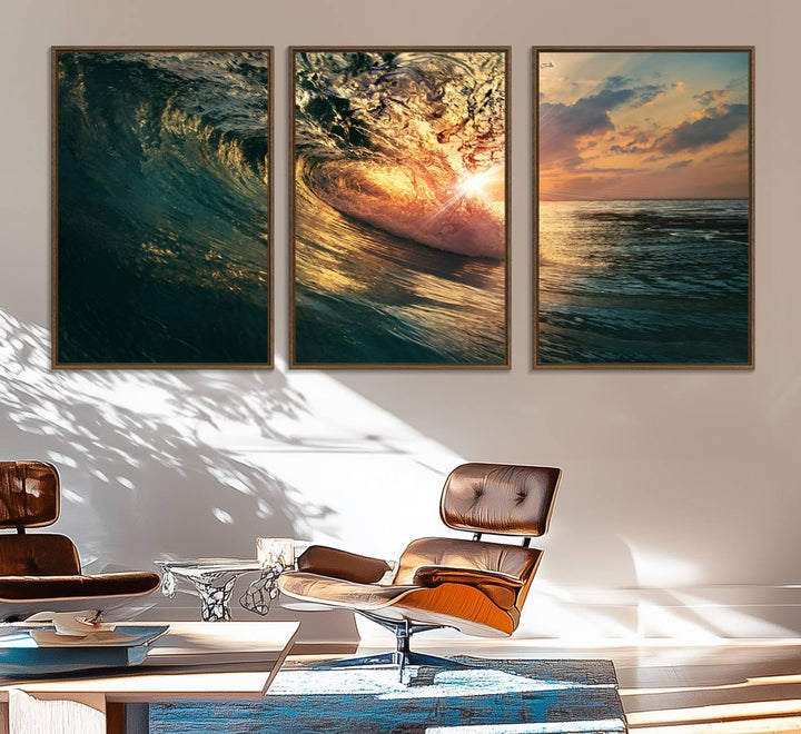 A triptych seascape titled Ocean Wave Sunset Canvas, featuring a stunning ocean view at sunset, is beautifully framed and ready to hang.