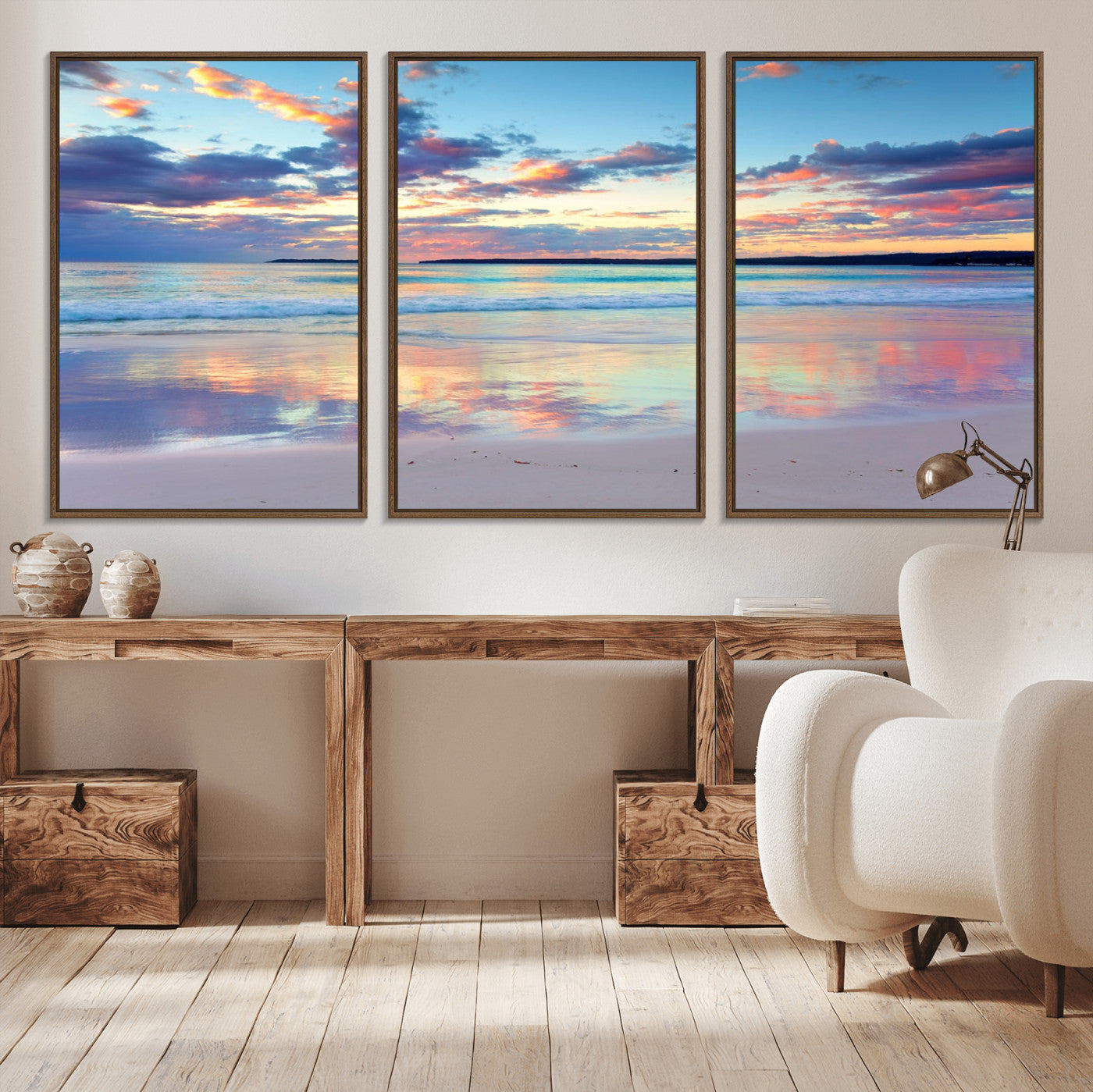 MGV-FC-60X30-3P - Tranquil Pastel Sunset Beach Triptych Canvas Art, Soothing Coastal Ocean Shoreline Giclee Print,