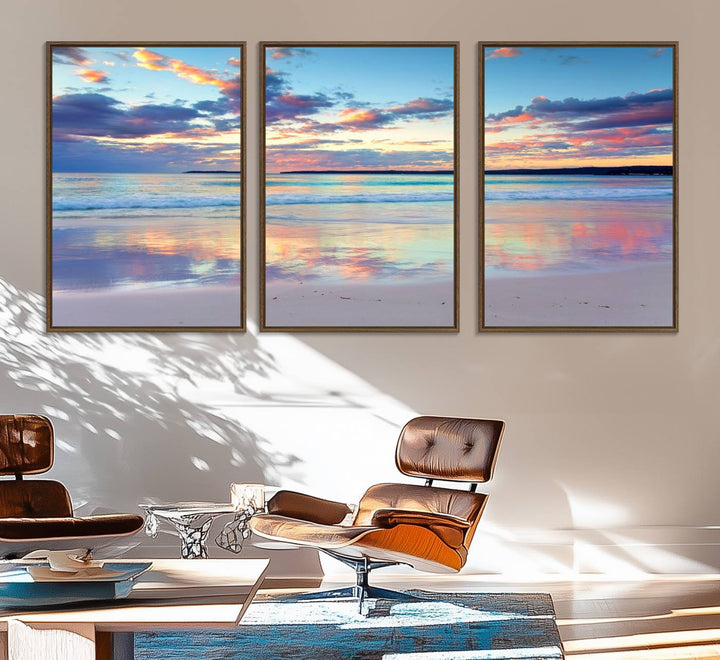 The Tranquil Pastel Sunset Beach Triptych Canvas Art hangs, showcasing its serene beauty.