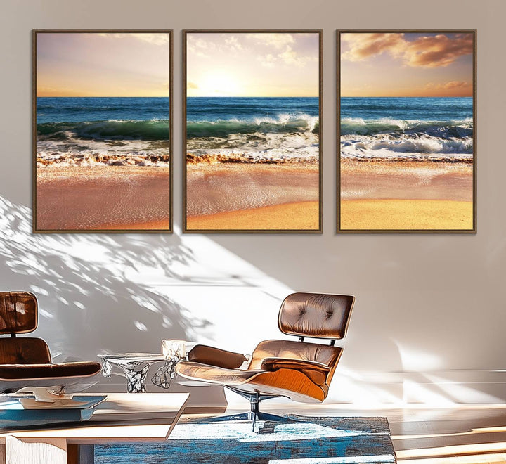 The wall features a Canon-quality Serene Beach Path canvas giclee print, depicting coastal dunes.