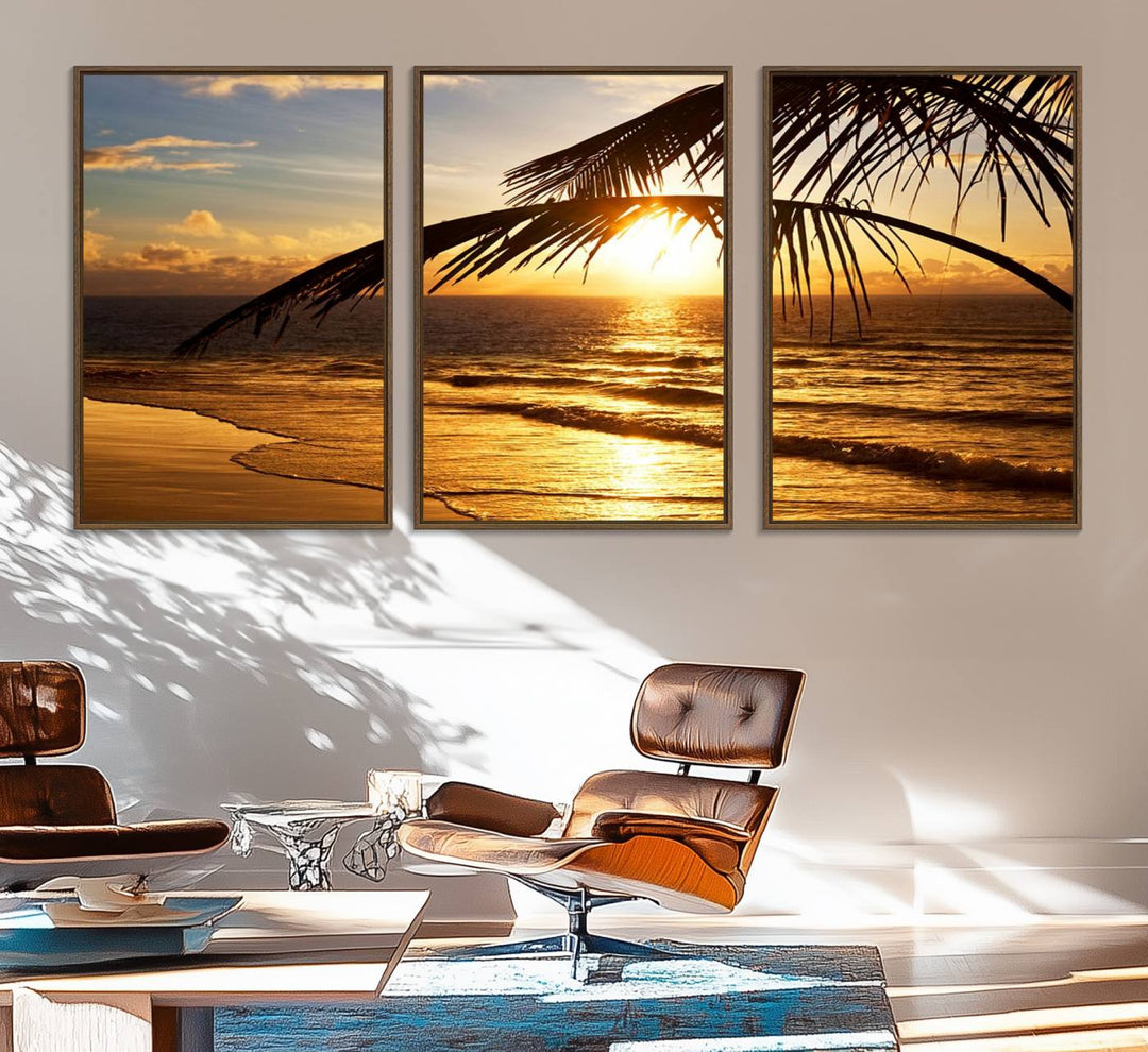 Golden Tropical Beach Sunset Canvas Triptych: Coastal Palm Art & Giclee Print with Gallery Wrap, capturing golden waves.