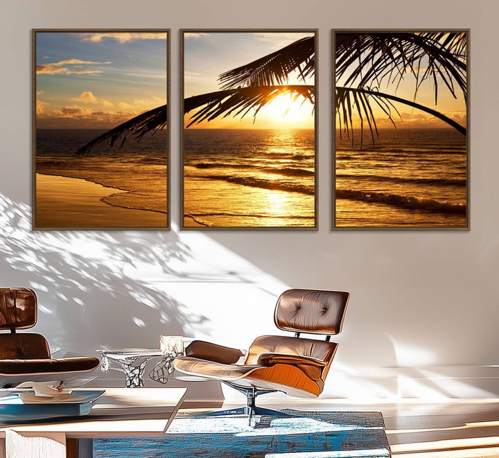 Golden Tropical Beach Sunset Canvas Triptych: Coastal Palm Art & Giclee Print with Gallery Wrap, capturing golden waves.