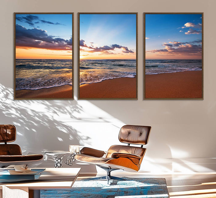 The living room showcases a Serene Ocean Sunset Canvas Print.