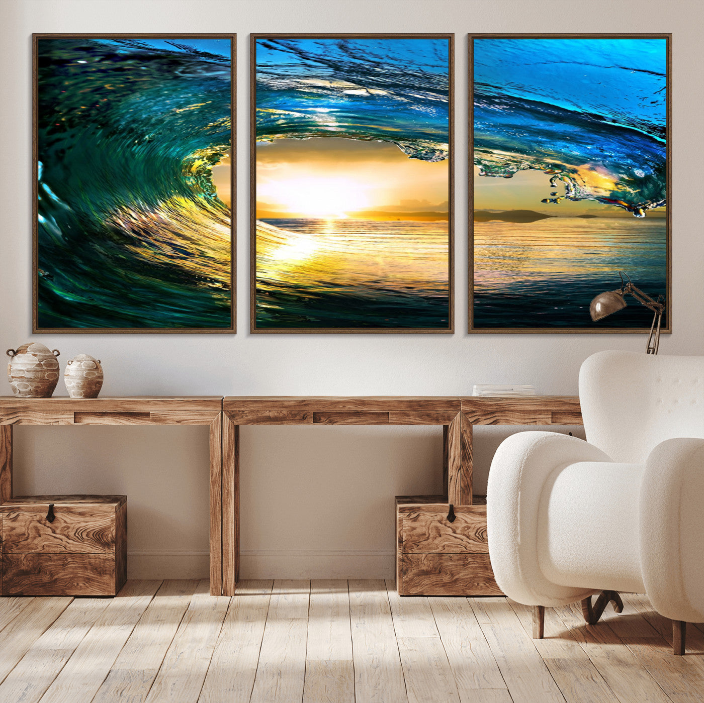 MGV-FC-60X30-3P - Ocean Wave at Sunset Canvas Art, Large Wall Print of Vibrant Water Waves, Coastal Art for Living Room and Dining Room