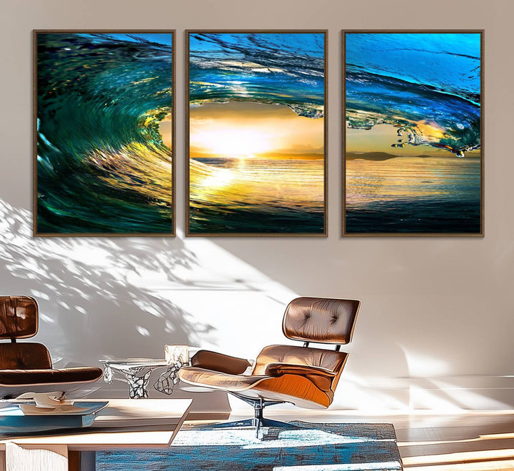 The Ocean Wave at Sunset Canvas Art exudes a coastal vibe.