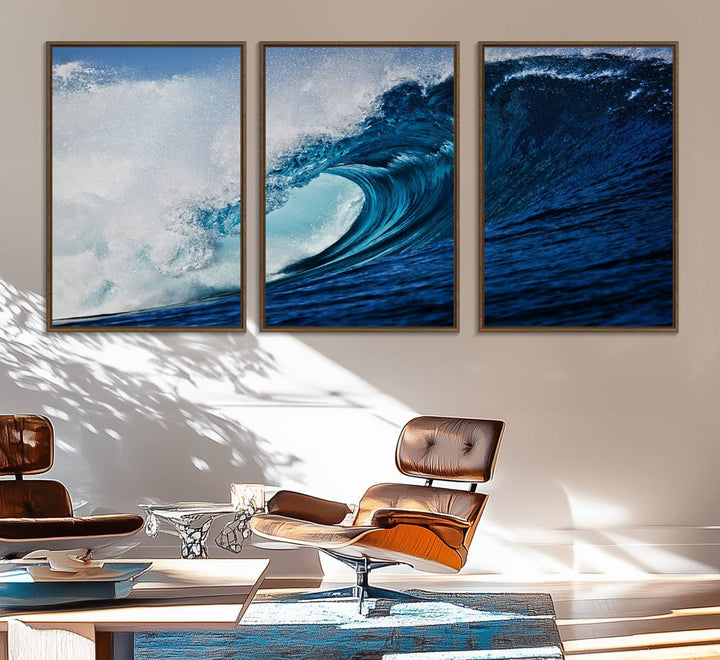 Ocean Wave at Sunset Canvas: A vibrant coastal art piece perfect for modern minimalist decor.