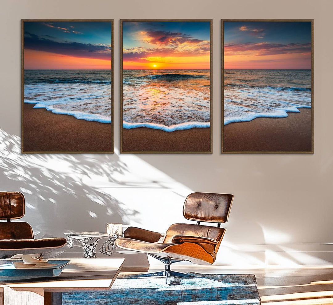 Sunset Beach Canvas: A colorful ocean wave triptych, framed and ready to hang.