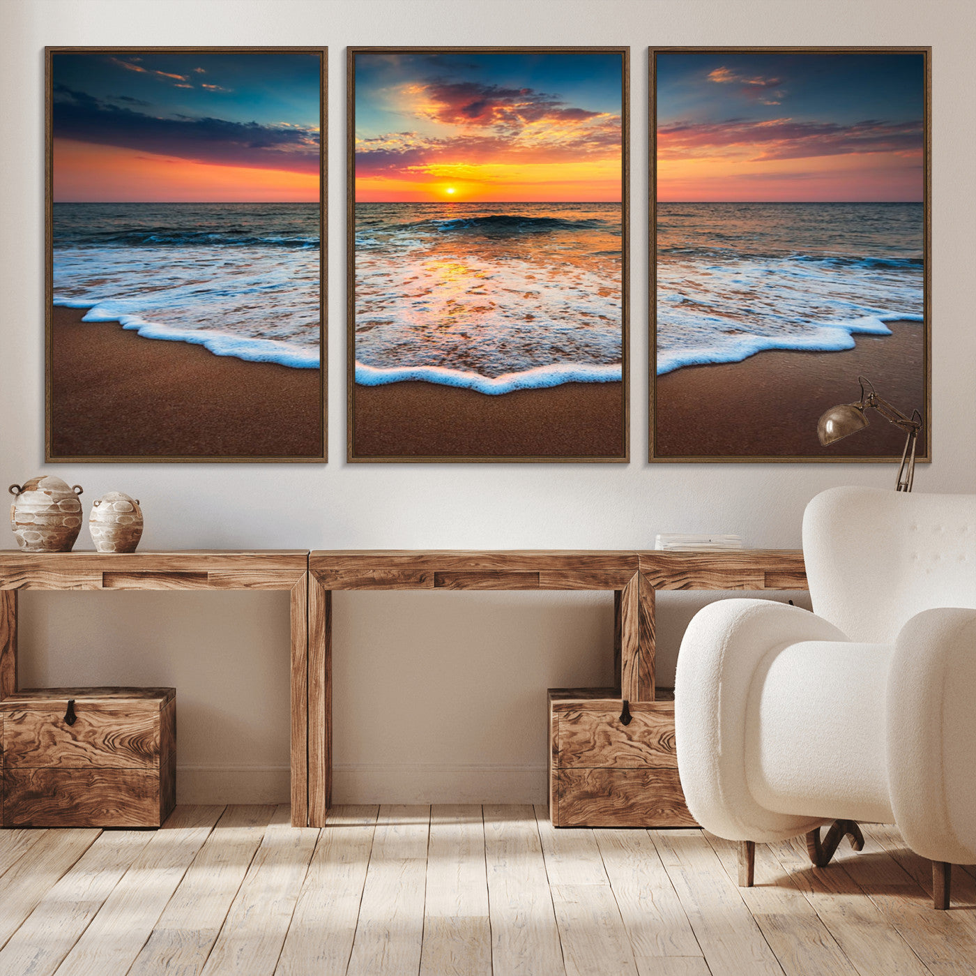MGV-FC-60X30-3P - Sunset Beach Canvas Wall Art – Colorful Ocean Waves Triptych – Coastal Decor for Living Room or