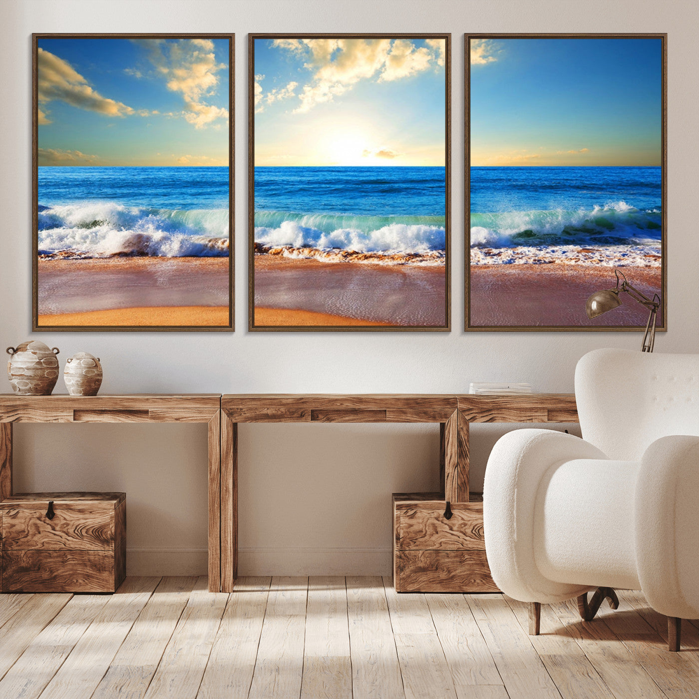 MGV-FC-60X30-3P - Tropical Beach Sunset Canvas Art, Ocean Waves and Sandy Shoreline Wall Art, Large Beach Decor for Coastal Homes