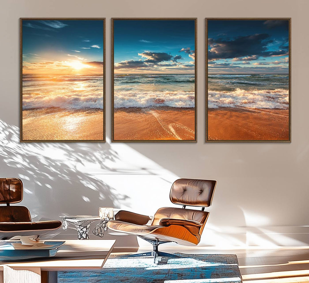 A Golden Sunset Beach Triptych Canvas Art hangs on a white wall.