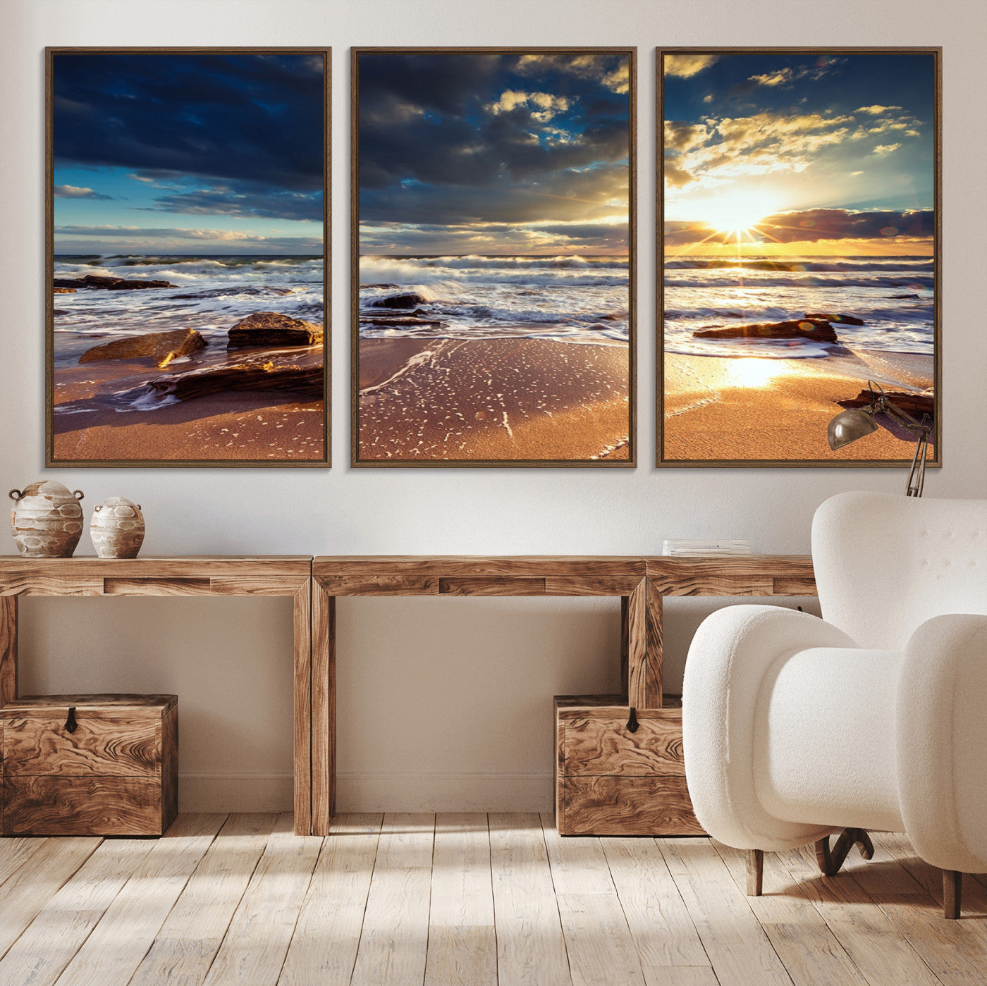 MGV-FC-60X30-3P - Golden Hour Beach Sunset Canvas Triptych, Ocean Waves and Rocks Wall Art for Coastal Home Decor